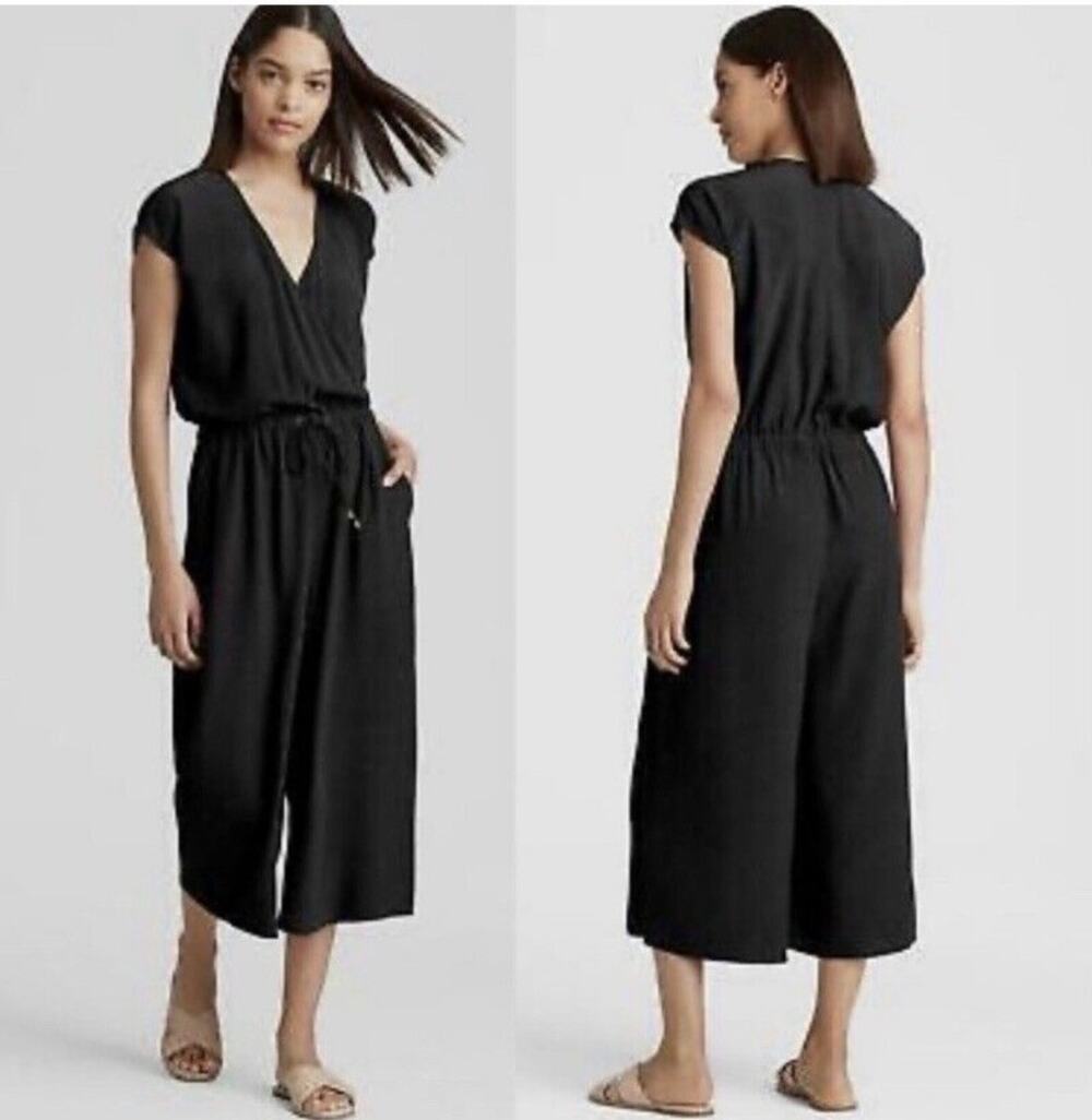 Eileen Fisher Tencel Viscose Crepe Cropped Wide-Leg Jumpsuit M black Luxury Chic